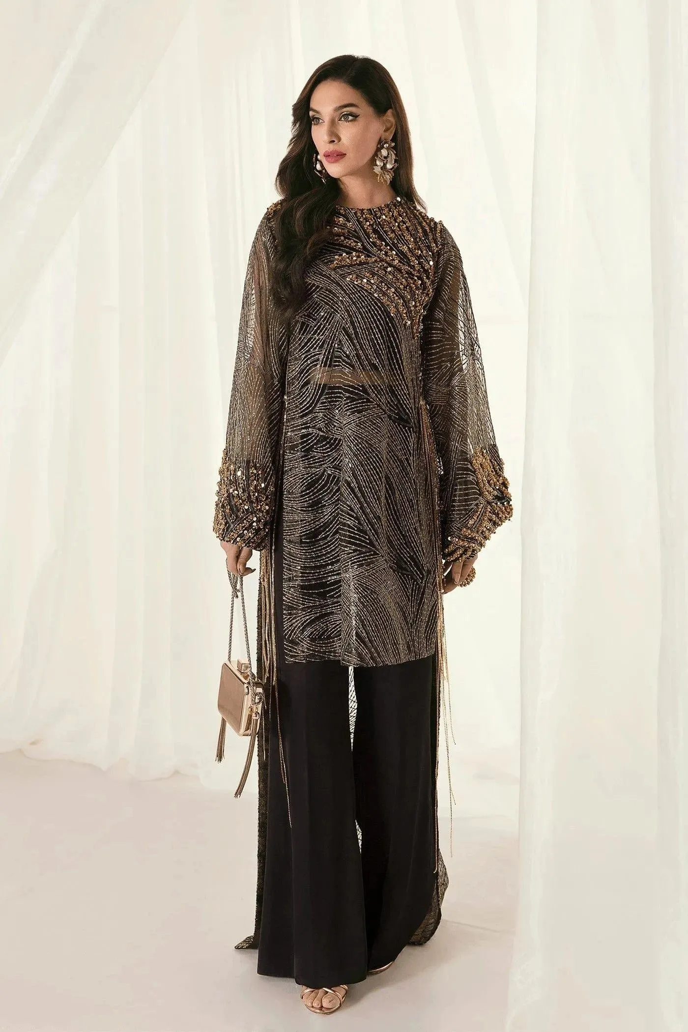 Nilofer Shahid - Pure Net Embroidered Shirt & Charmeuse Silk Pants with Premium Organza Dupatta - Starry Night - 3 Piece