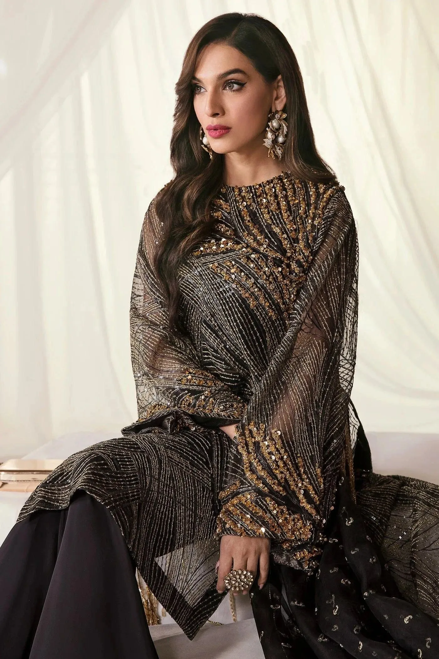 Nilofer Shahid - Pure Net Embroidered Shirt & Charmeuse Silk Pants with Premium Organza Dupatta - Starry Night - 3 Piece