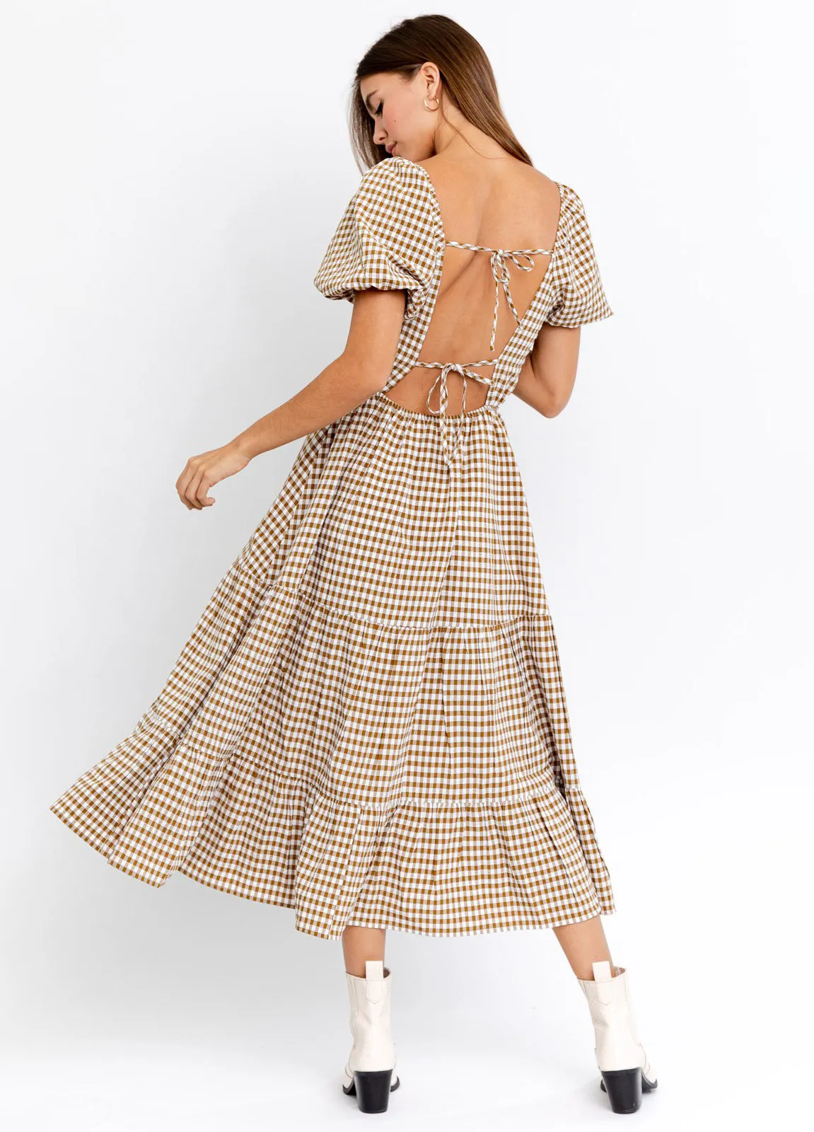 Open Back Tan Check Midi Dress