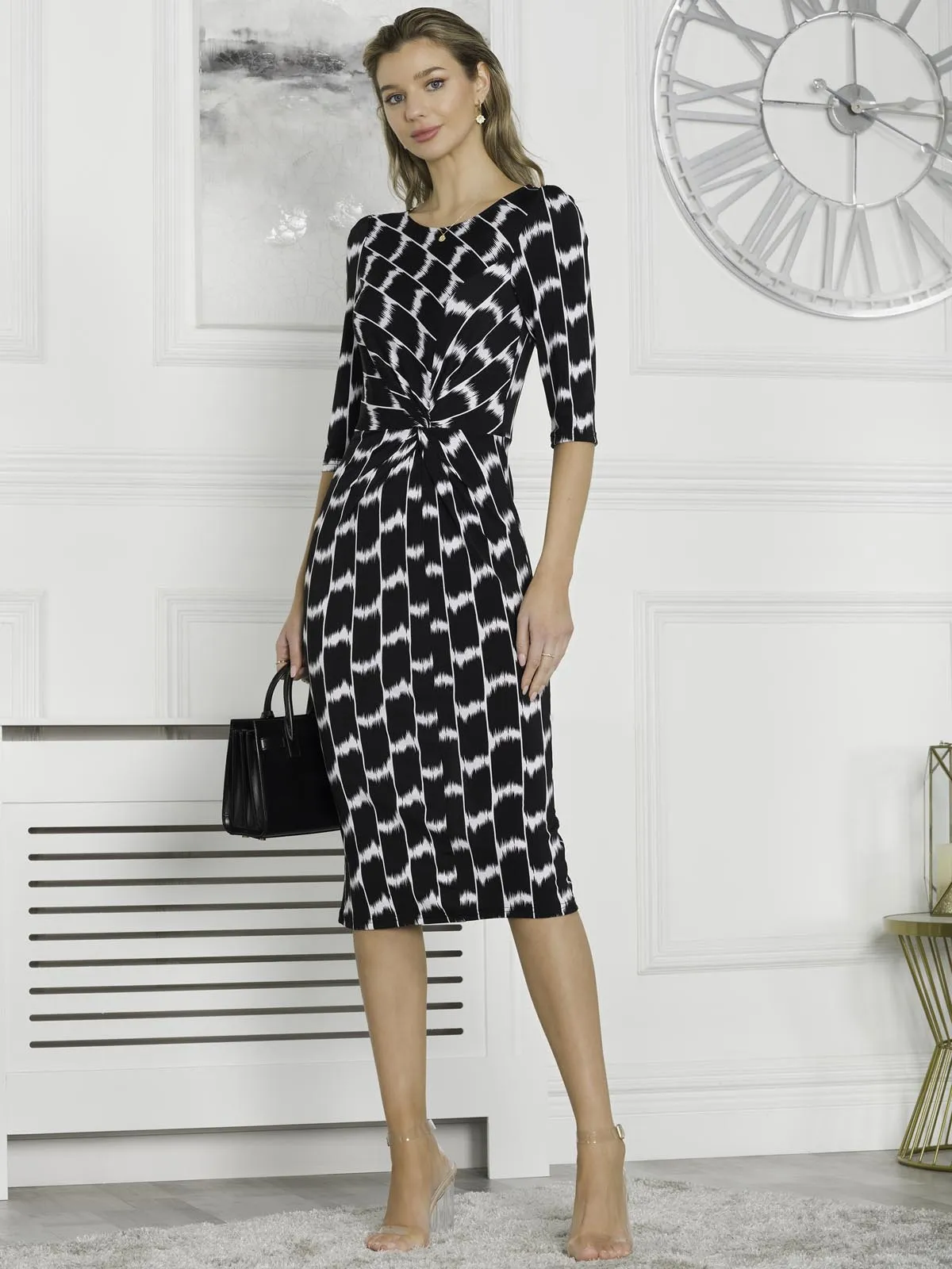 Qyara Jersey Twist Bodycon Midi Dress, Black Geo