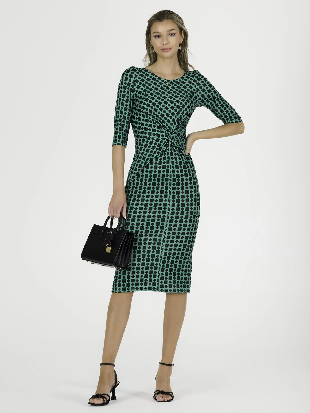 Qyara Jersey Twist Bodycon Midi Dress, Green Geometric