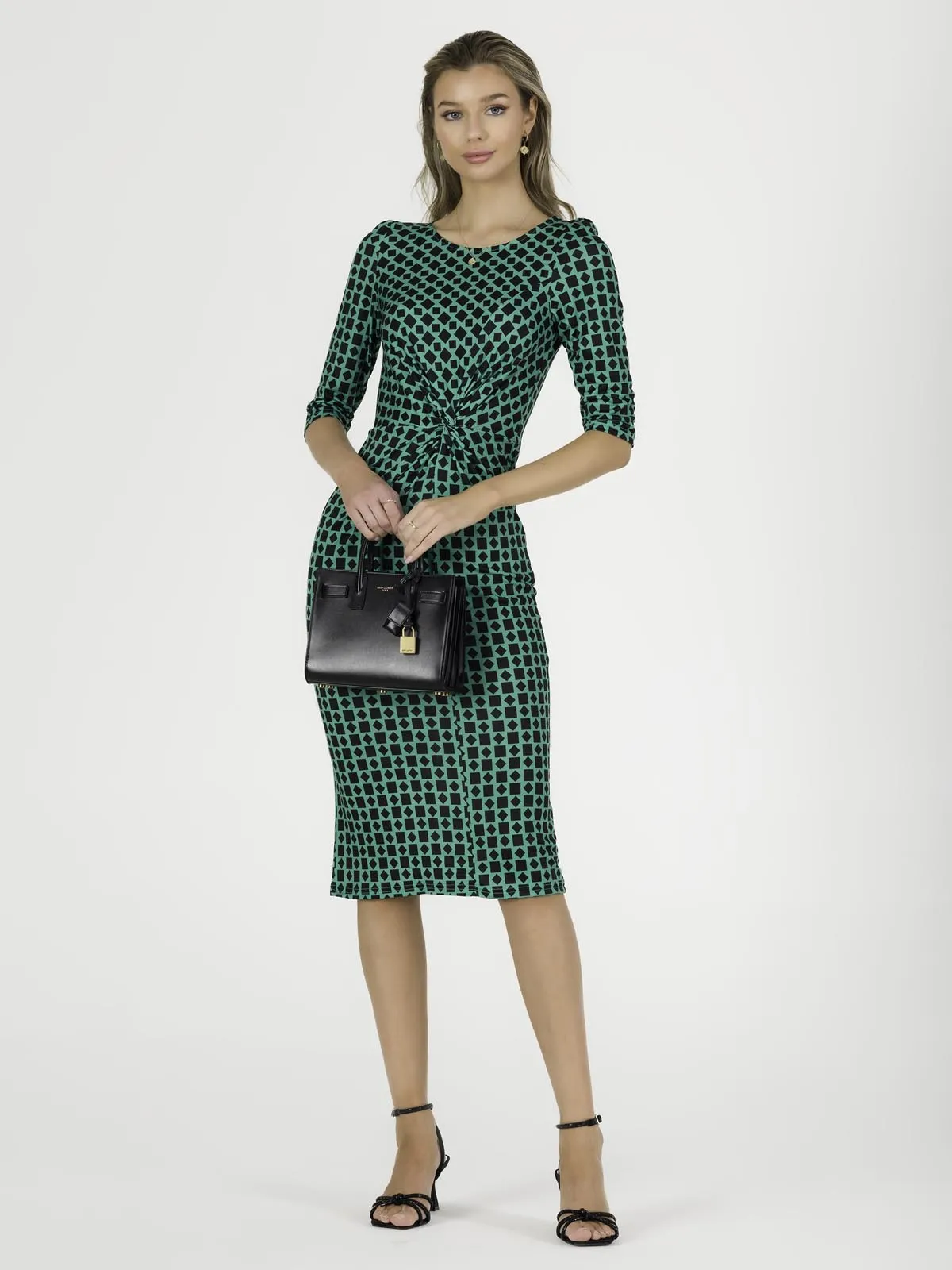 Qyara Jersey Twist Bodycon Midi Dress, Green Geometric