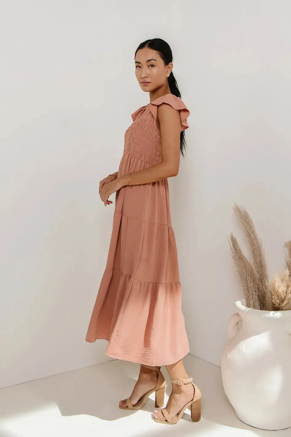 Rain Smocked Midi Dress in Peach - FINAL SALE