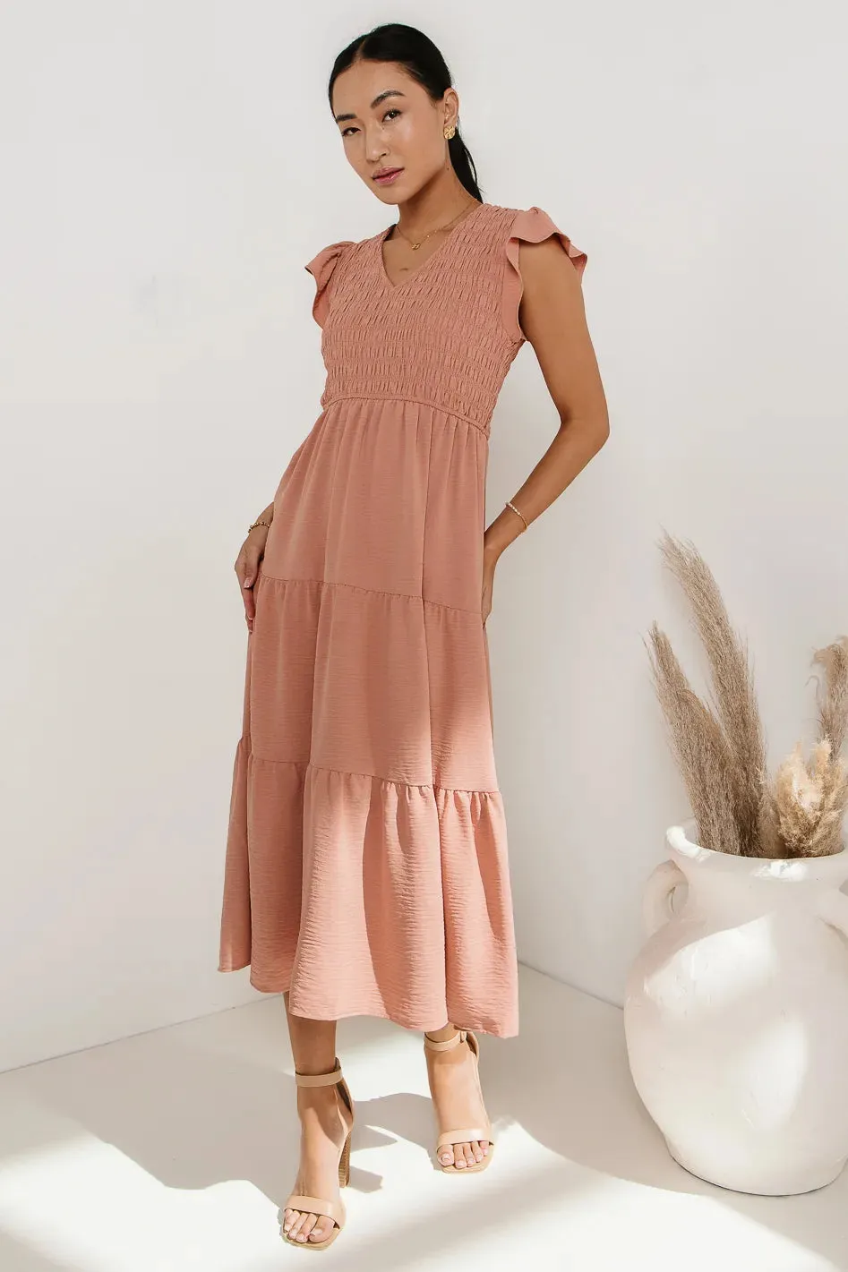 Rain Smocked Midi Dress in Peach - FINAL SALE