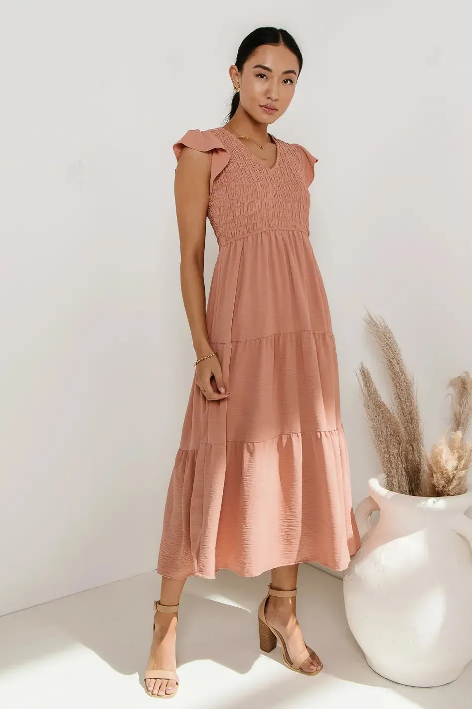 Rain Smocked Midi Dress in Peach - FINAL SALE