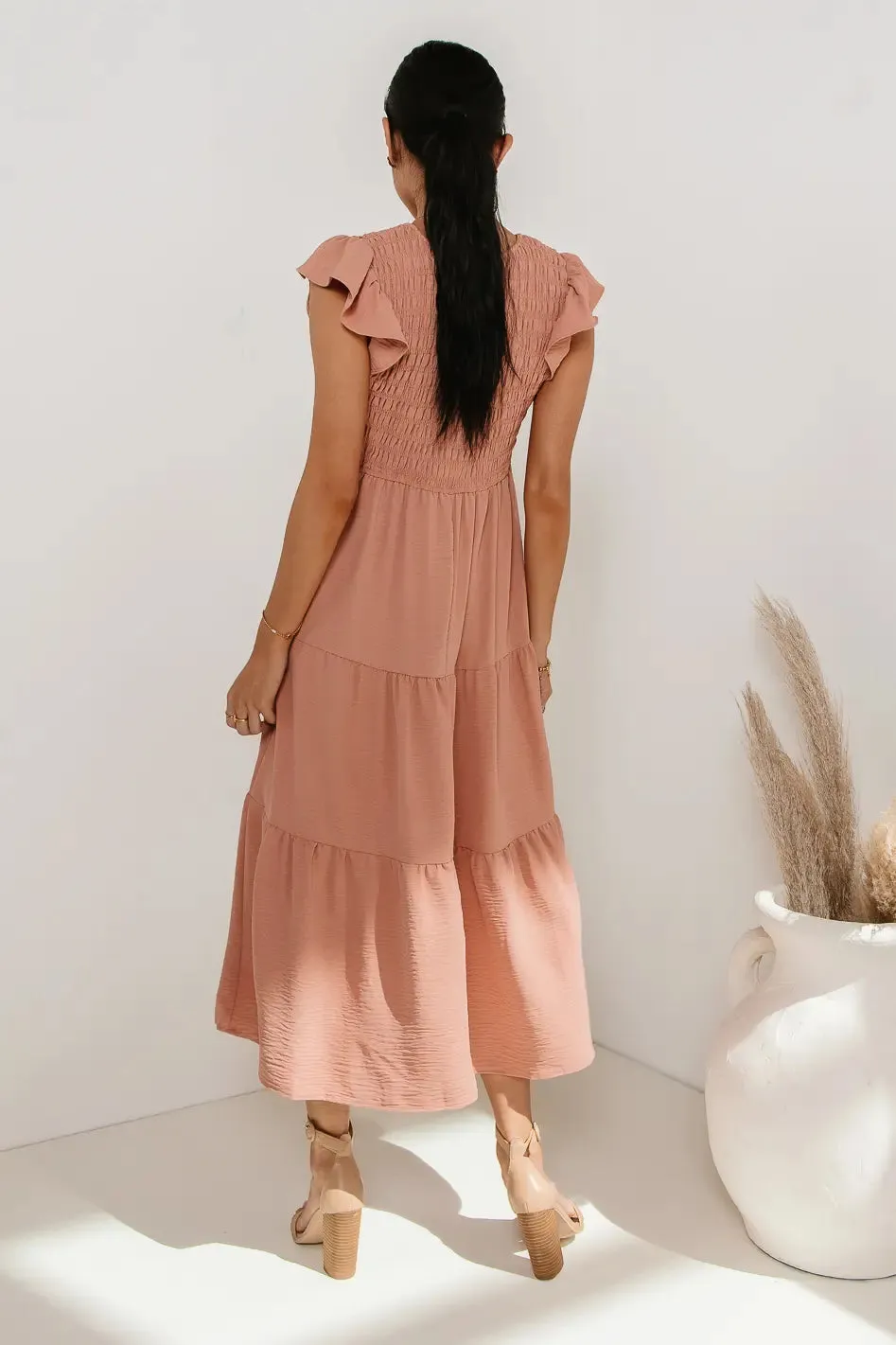Rain Smocked Midi Dress in Peach - FINAL SALE