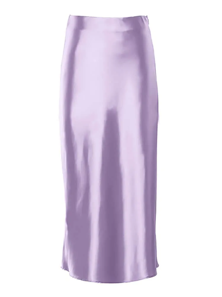 Restve Casual Women High Waisted Long Skirt Purple Satin Office Ladies Elegant Skirts Solid Silk Midi Skirt Spring Summer