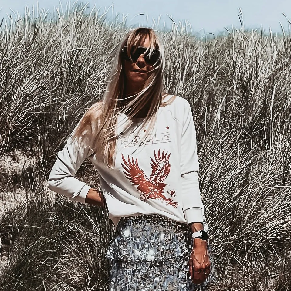 Rusty orange Eagle on vintage white sweatshirt *relaxed fit*