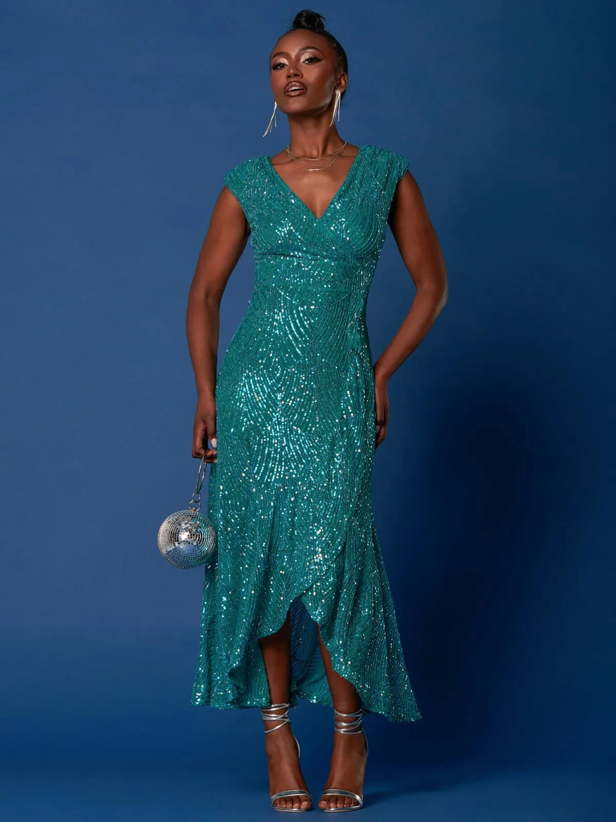Sequin High Low Hem Maxi Dress, Teal Multi