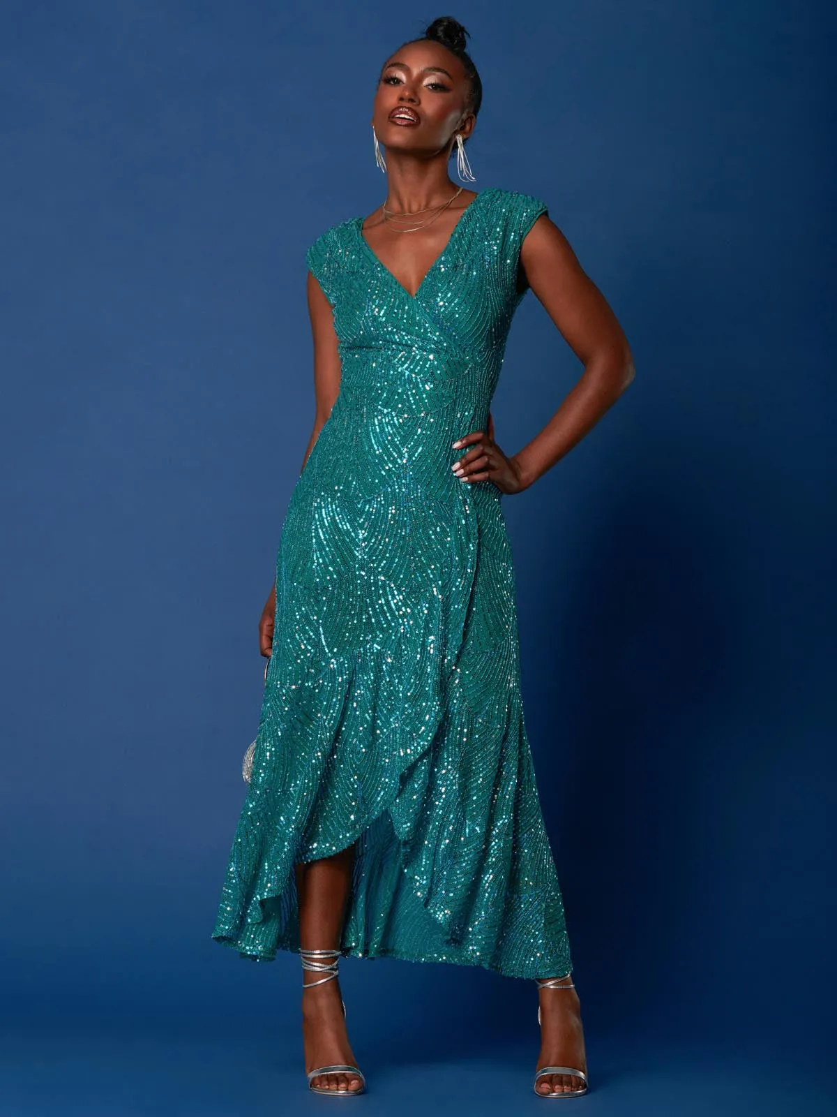 Sequin High Low Hem Maxi Dress, Teal Multi