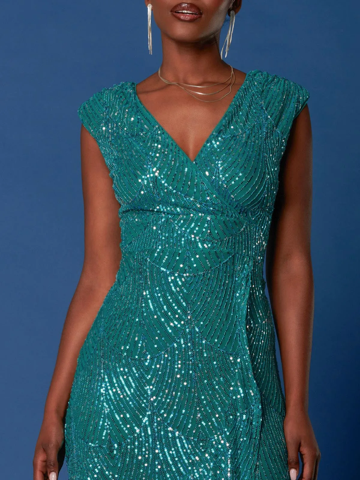 Sequin High Low Hem Maxi Dress, Teal Multi