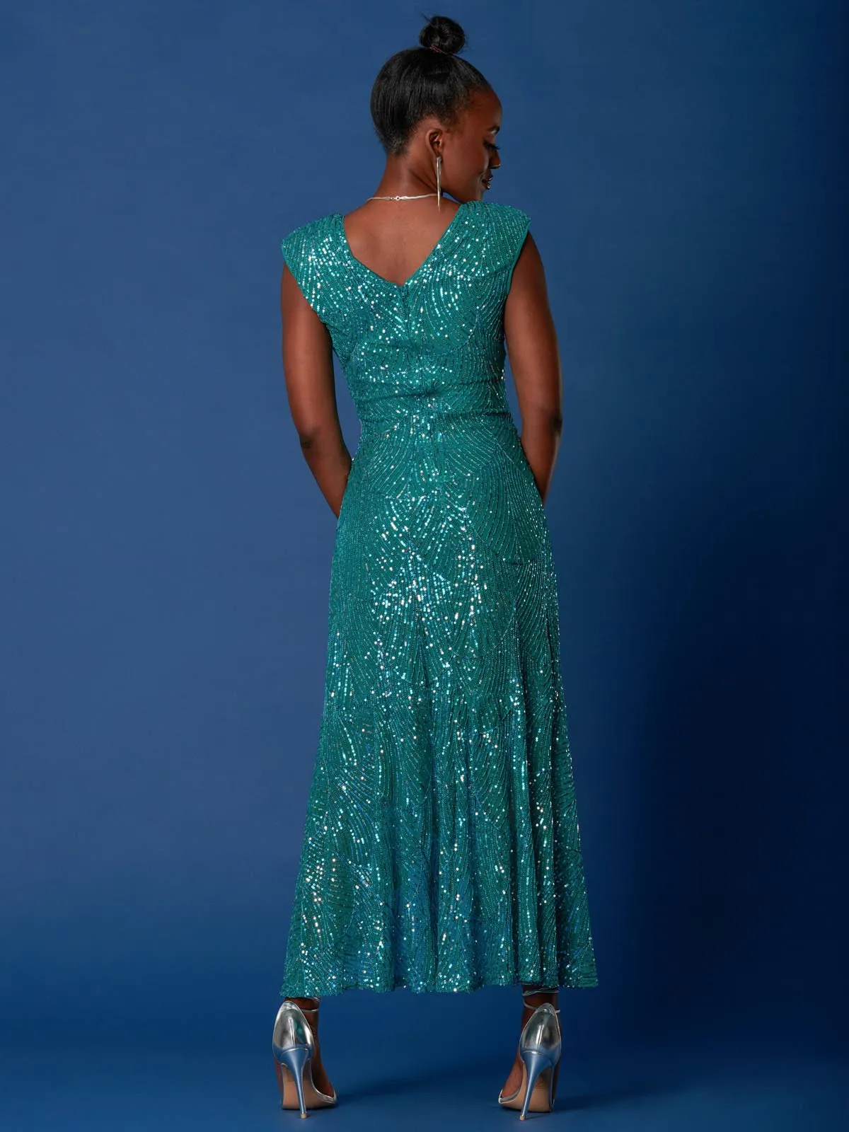 Sequin High Low Hem Maxi Dress, Teal Multi