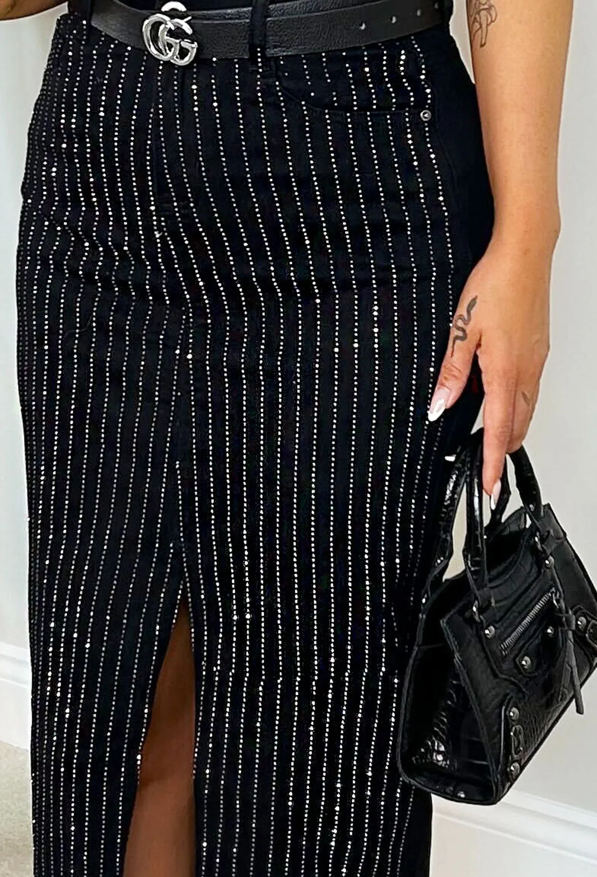Shine & Shimmer Black Midi Diamante Stretch Denim Skirt