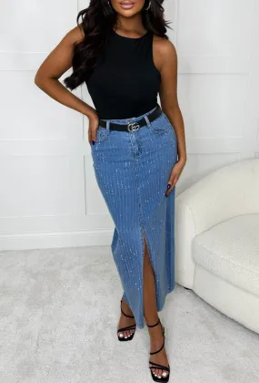 Shine & Shimmer Mid Blue Midi Diamante Stretch Denim Skirt