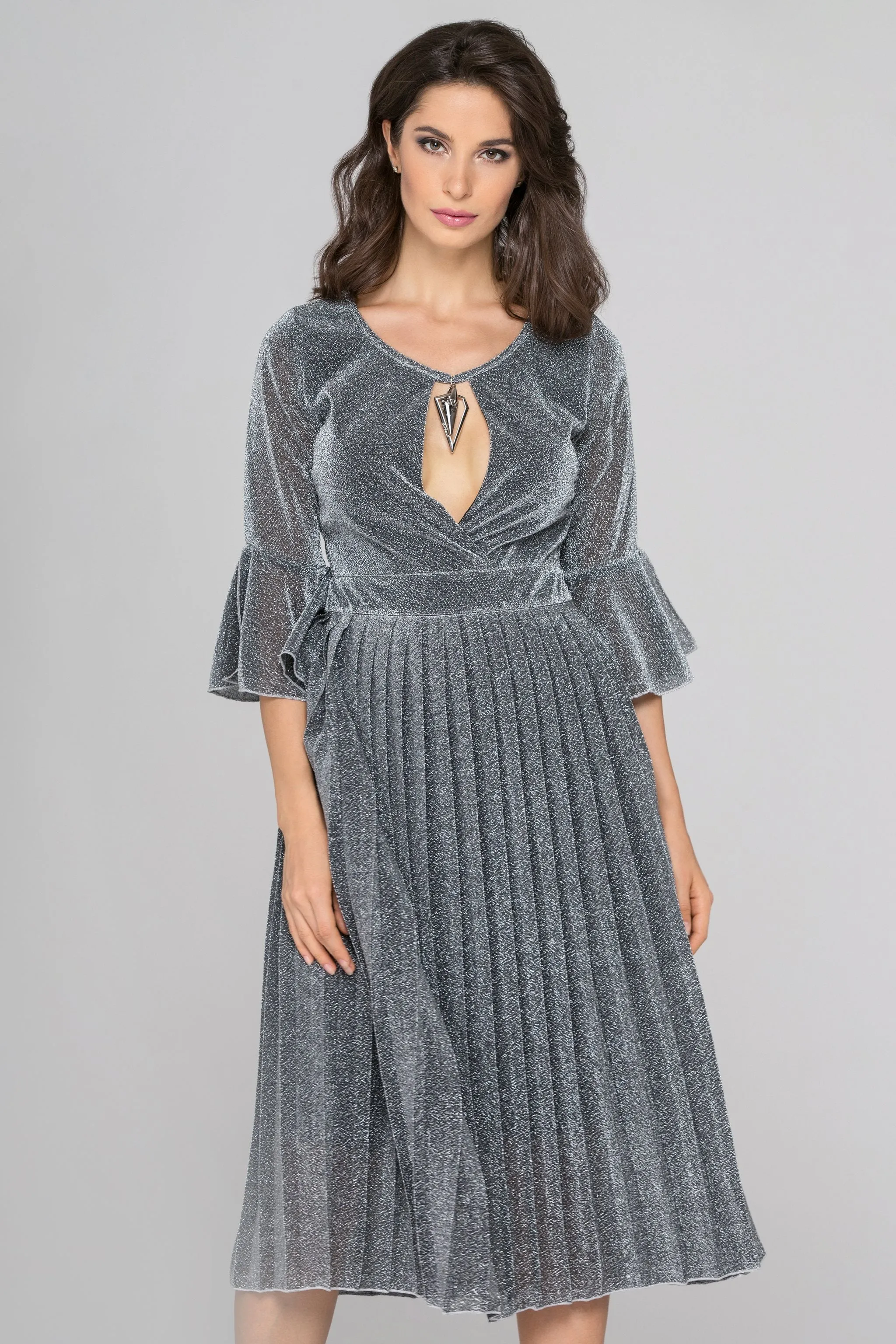 Silver Pleated Midi Dress