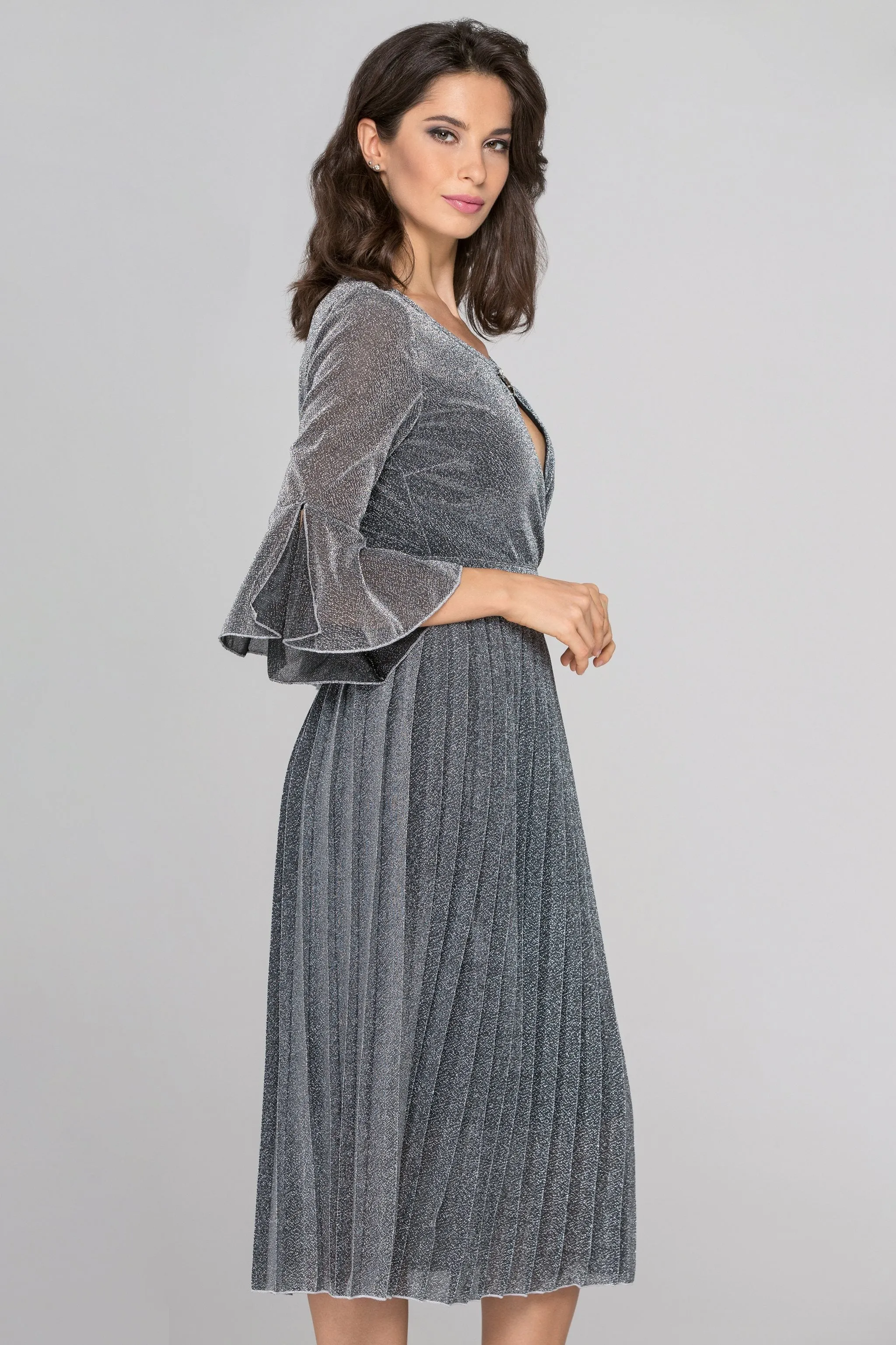 Silver Pleated Midi Dress