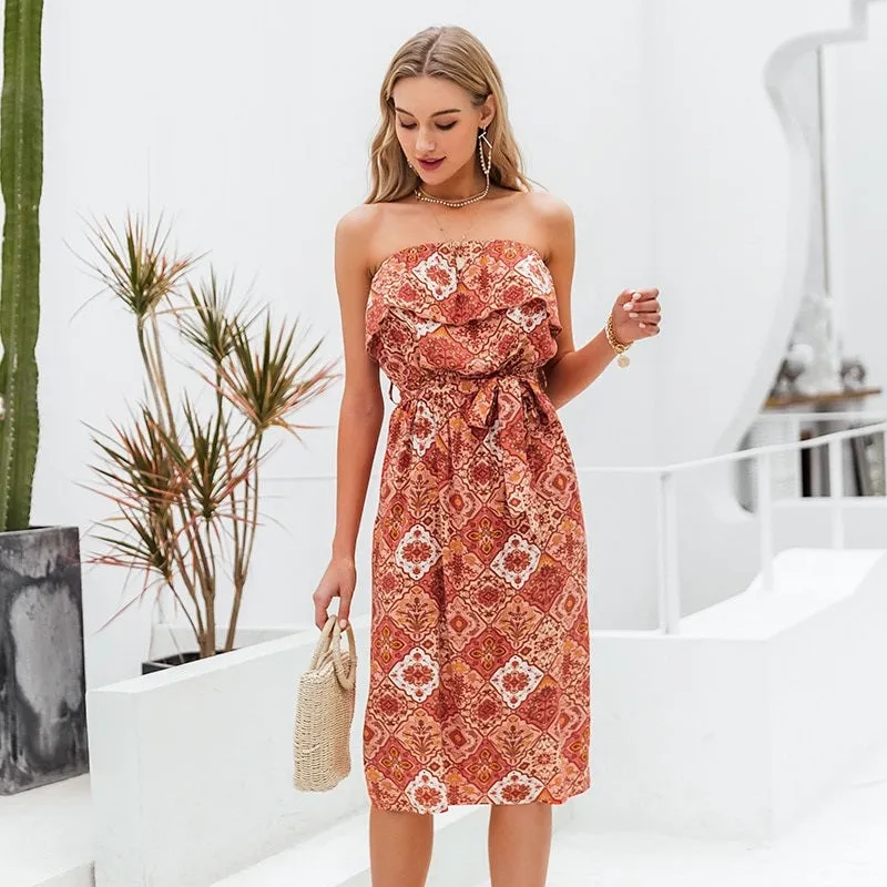 Sleeveless Boho Sexy Ruffled Retro Sash High Waist Floral Print Tube Holiday Beach Dress