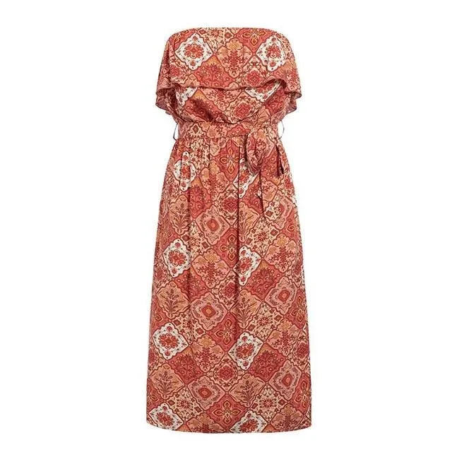 Sleeveless Boho Sexy Ruffled Retro Sash High Waist Floral Print Tube Holiday Beach Dress