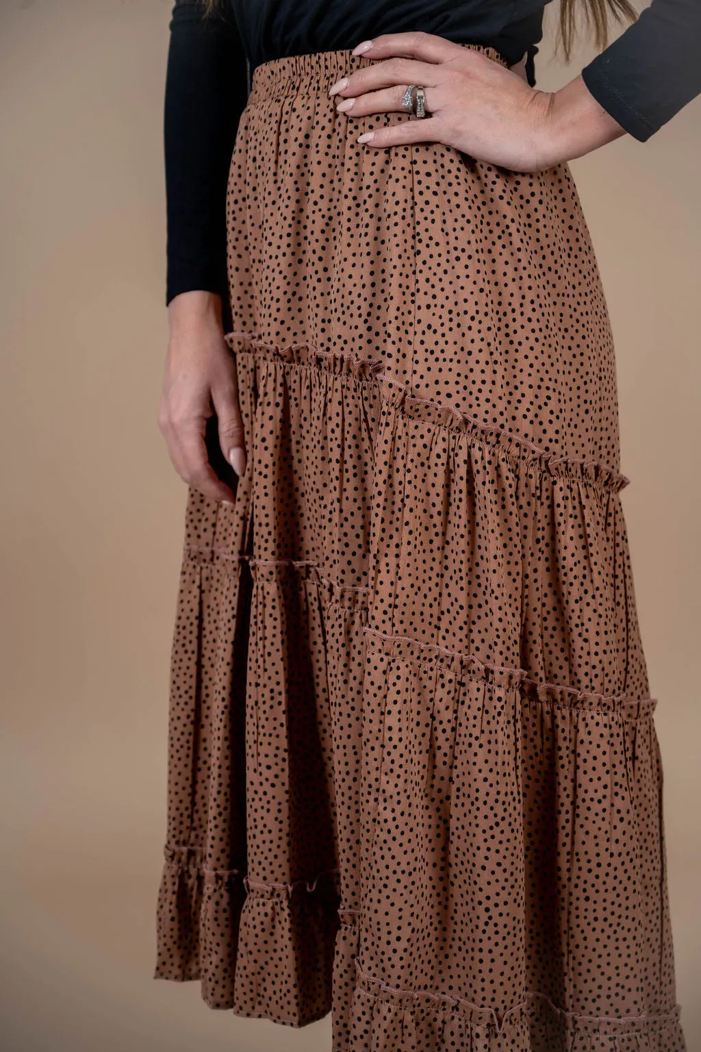 Spotted Ruffle Tiered Midi Skirt