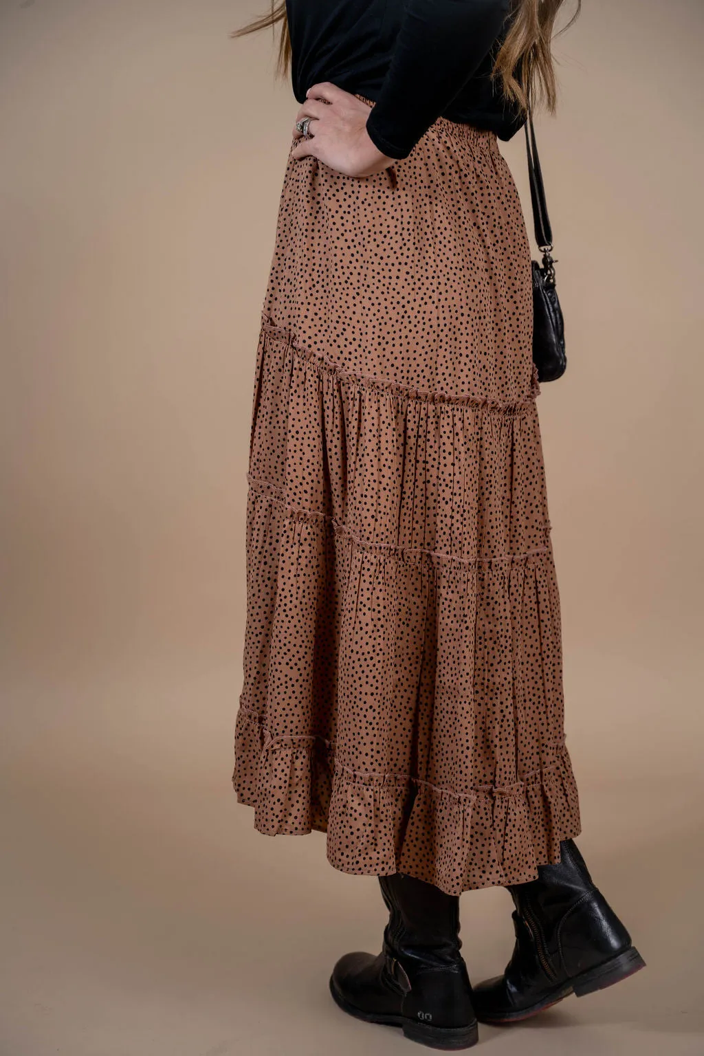 Spotted Ruffle Tiered Midi Skirt