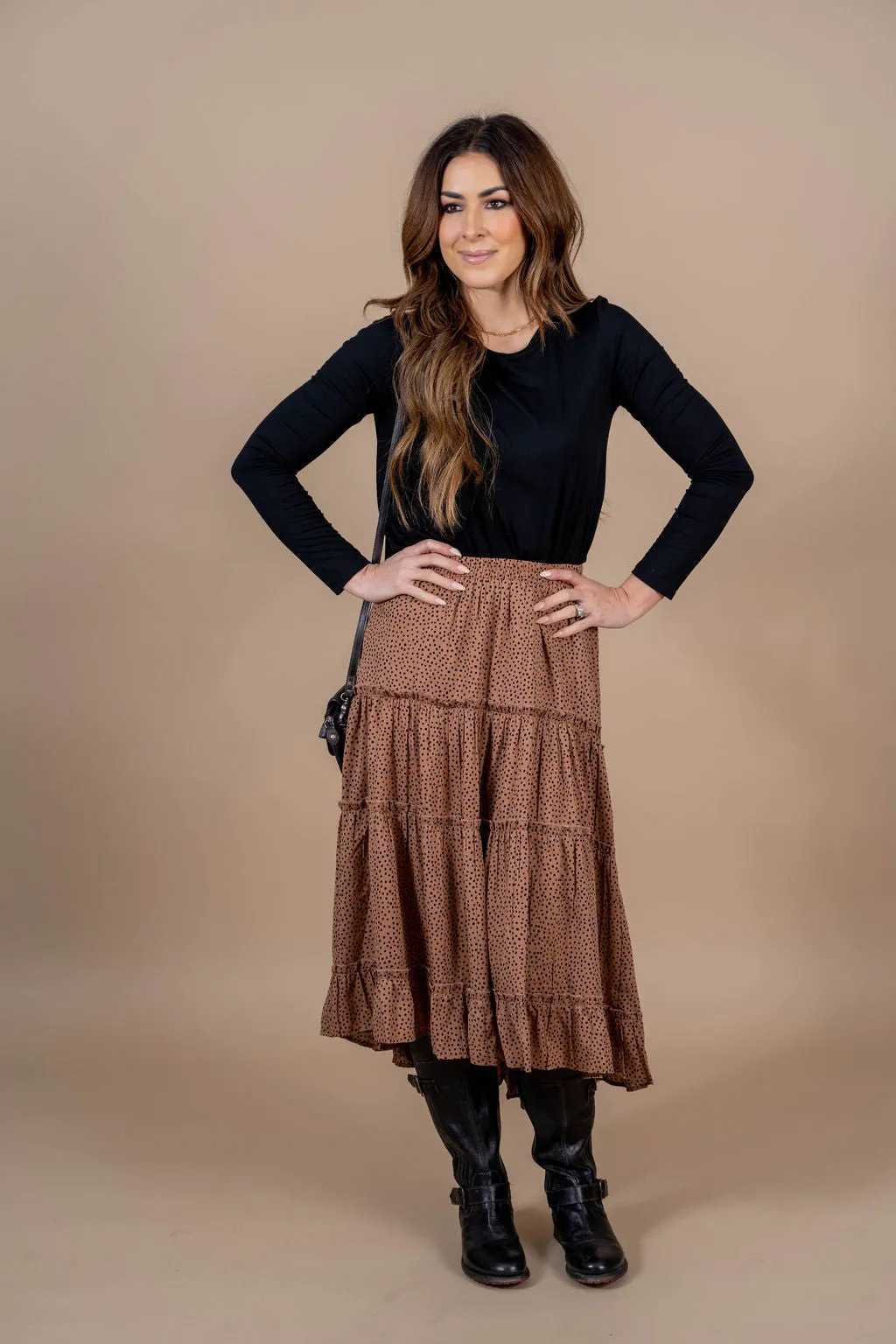 Spotted Ruffle Tiered Midi Skirt