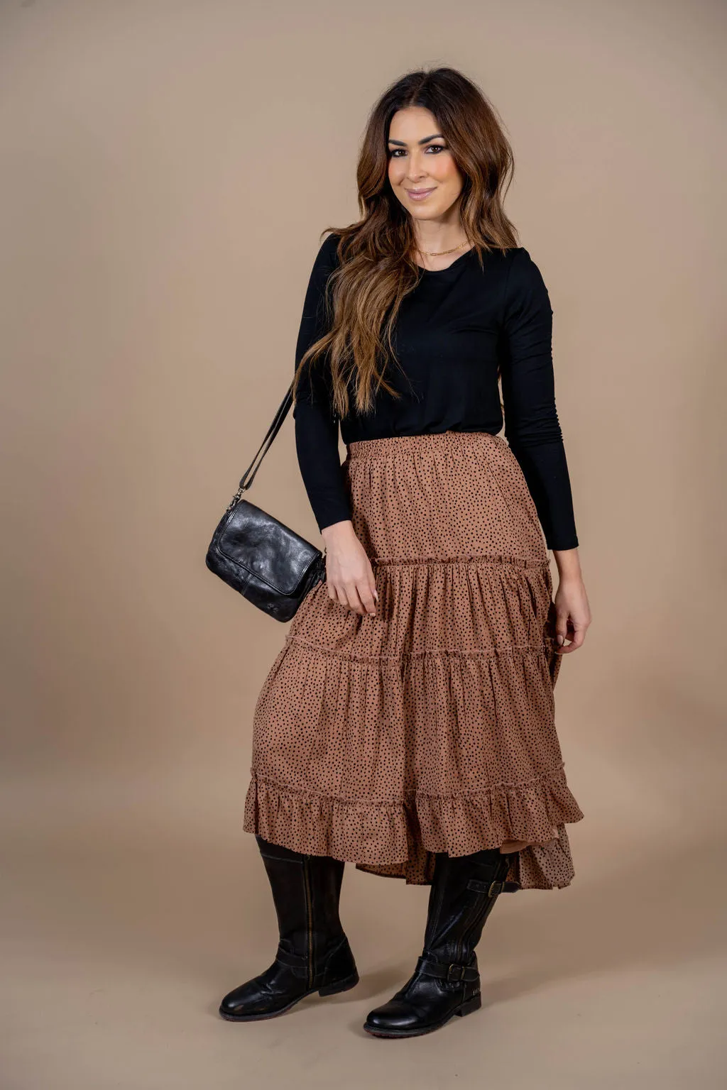 Spotted Ruffle Tiered Midi Skirt