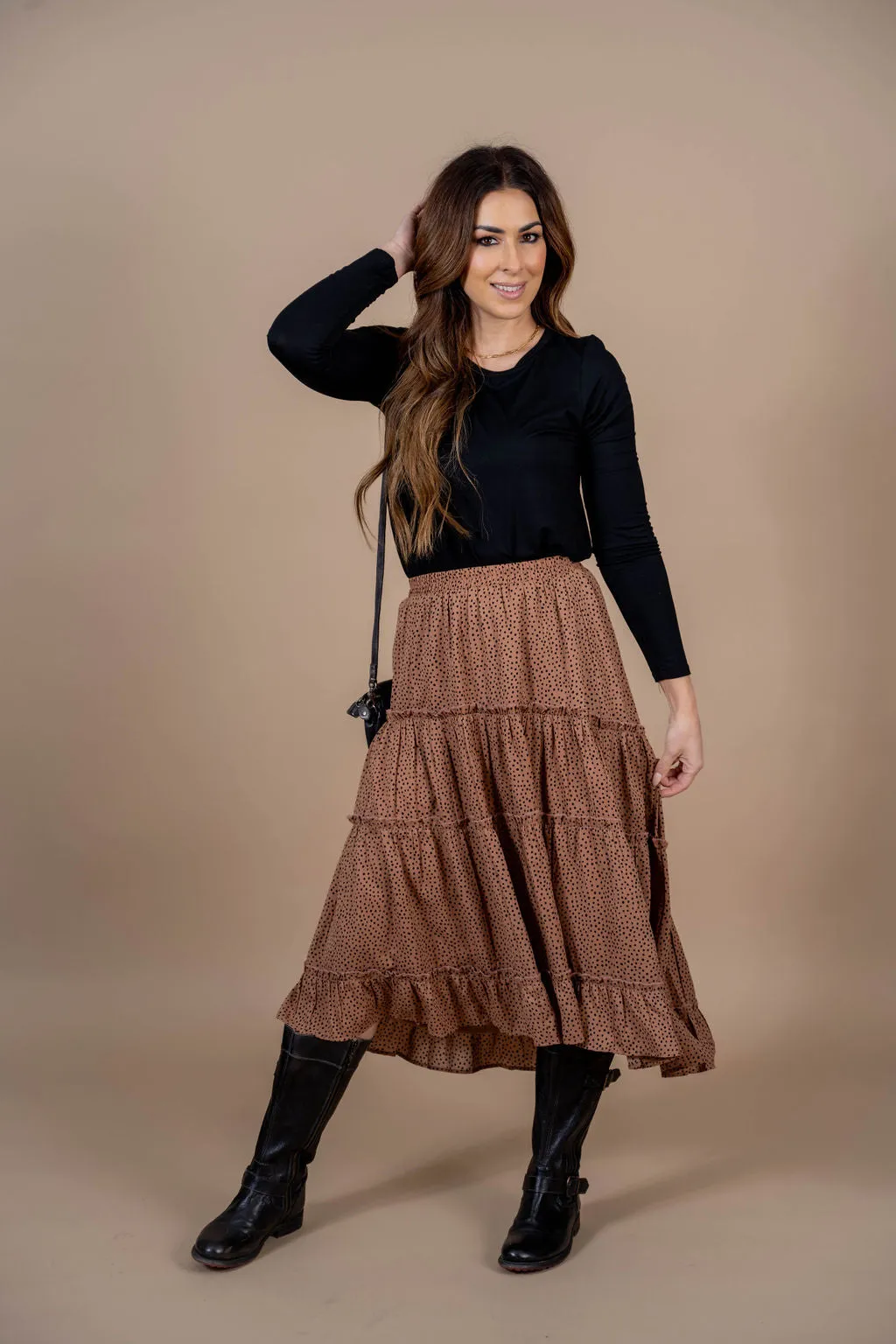 Spotted Ruffle Tiered Midi Skirt