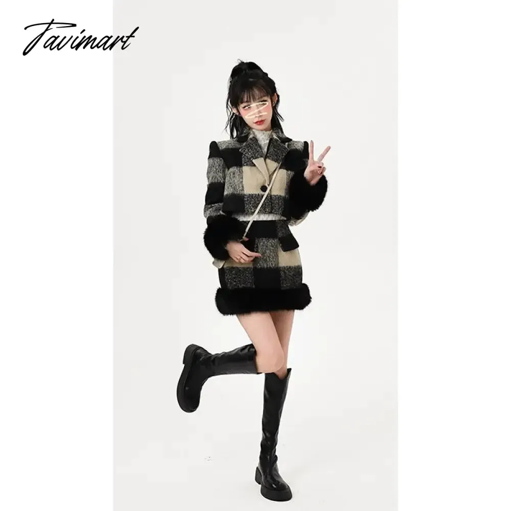 Tavimart Winter Christmas Knitted Suits Women Y2k Clothing Korean Fashion Plaid Blazers Coats   Mini Skirt Vintage 2 Piece Dress Set
