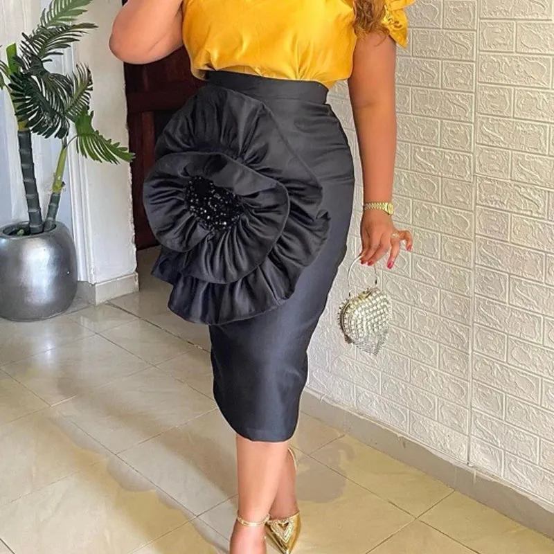 Uniwim Women Black Skirt with Big Flower Sequins High Waist Fitted Midi Skirt for Party Club Bodycon Femme Birthday Date Out