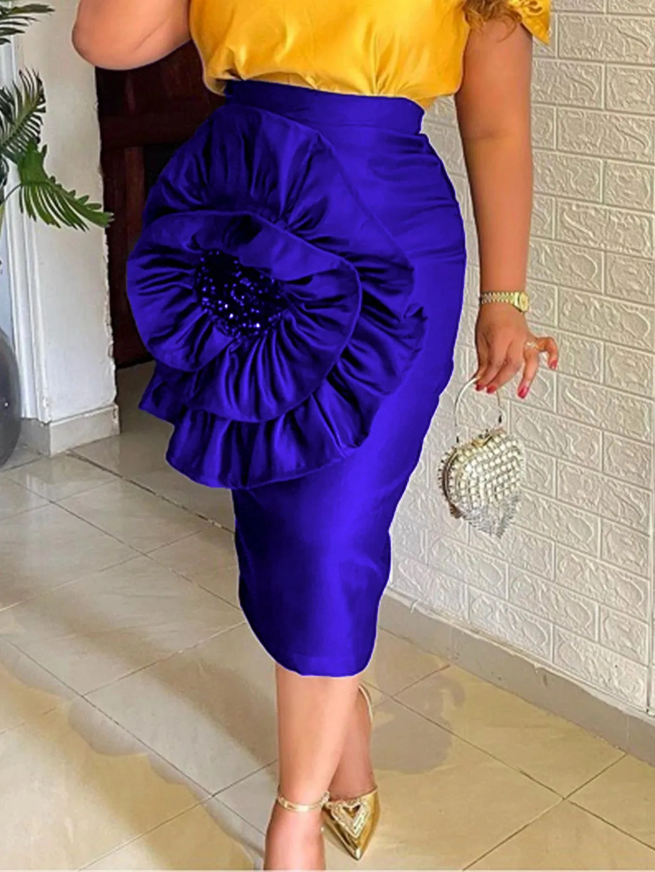 Uniwim Women Black Skirt with Big Flower Sequins High Waist Fitted Midi Skirt for Party Club Bodycon Femme Birthday Date Out