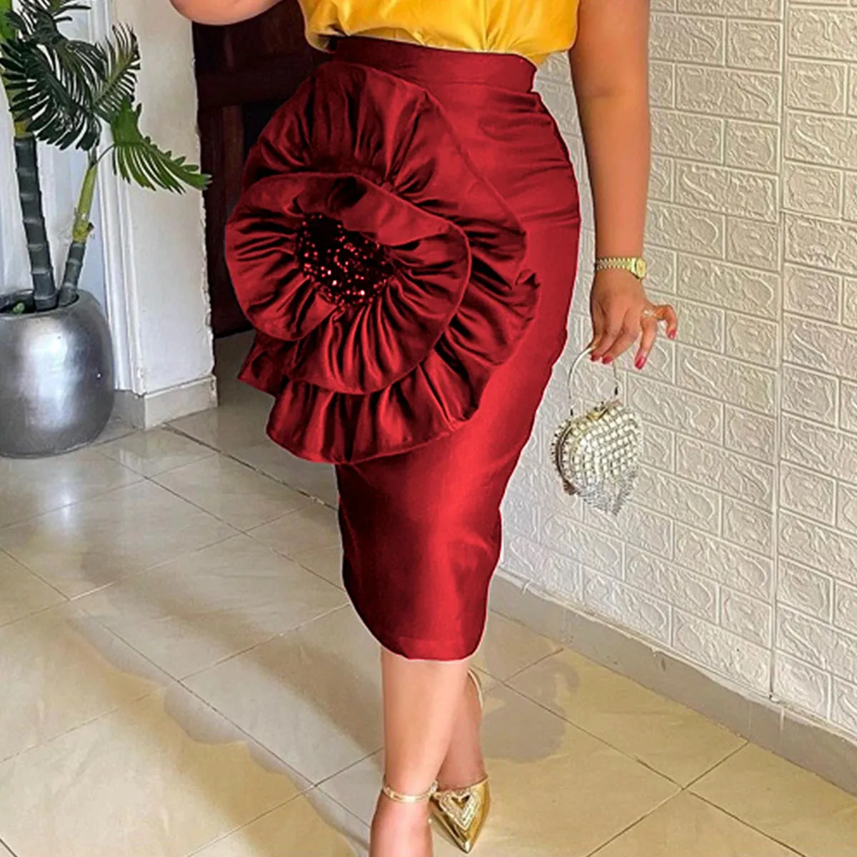 Uniwim Women Black Skirt with Big Flower Sequins High Waist Fitted Midi Skirt for Party Club Bodycon Femme Birthday Date Out