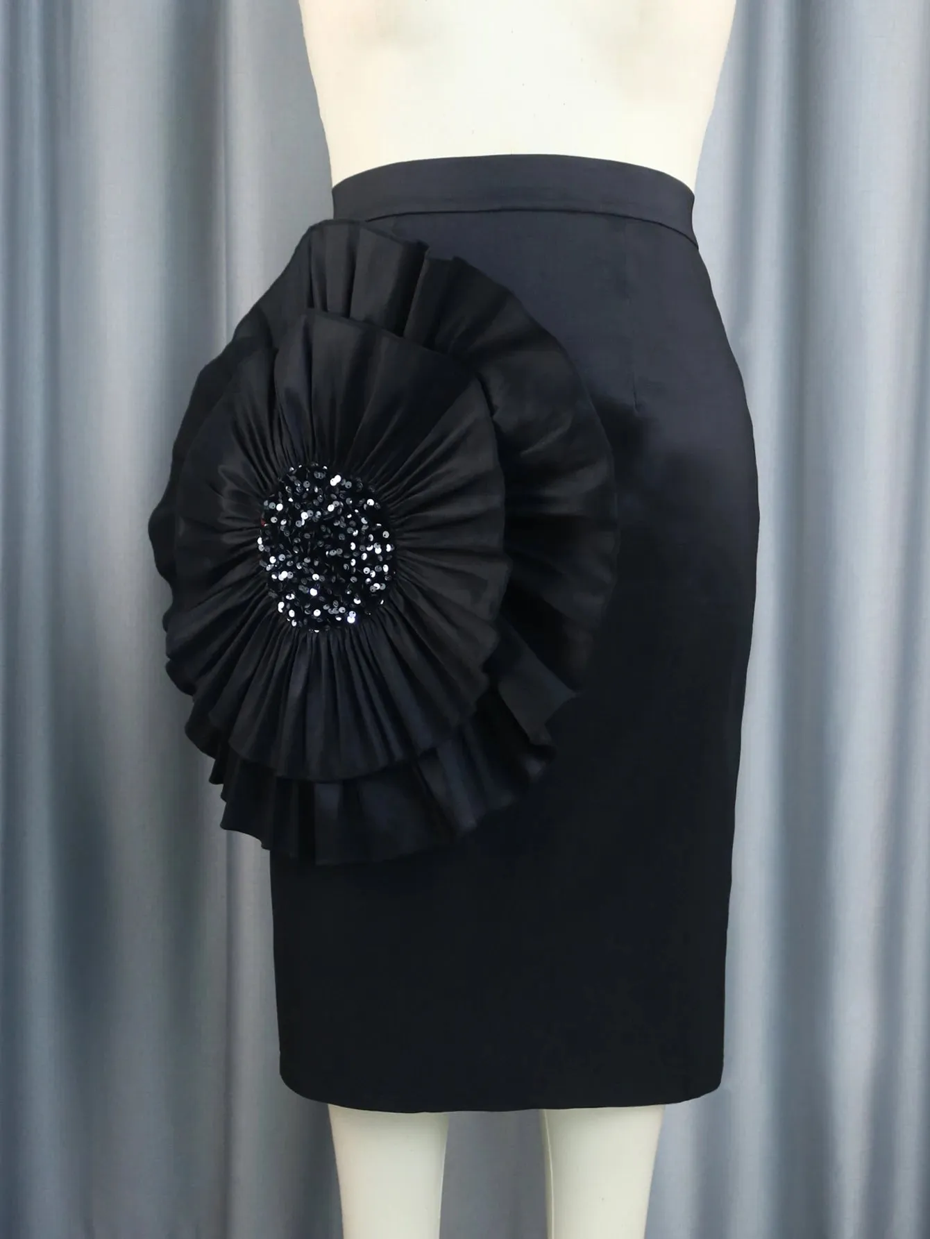 Uniwim Women Black Skirt with Big Flower Sequins High Waist Fitted Midi Skirt for Party Club Bodycon Femme Birthday Date Out
