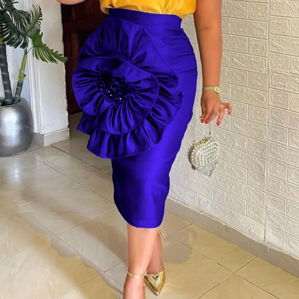 Uniwim Women Black Skirt with Big Flower Sequins High Waist Fitted Midi Skirt for Party Club Bodycon Femme Birthday Date Out