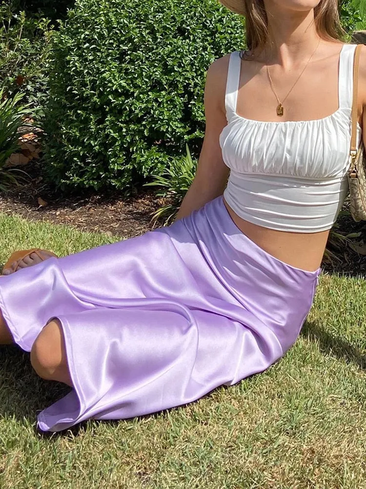 Wenkouban  Solid Purple Satin Silk Skirt Women High Waisted Summer Long Skirt New 2023 Elegant Ladies Office Skirts Midi Spring