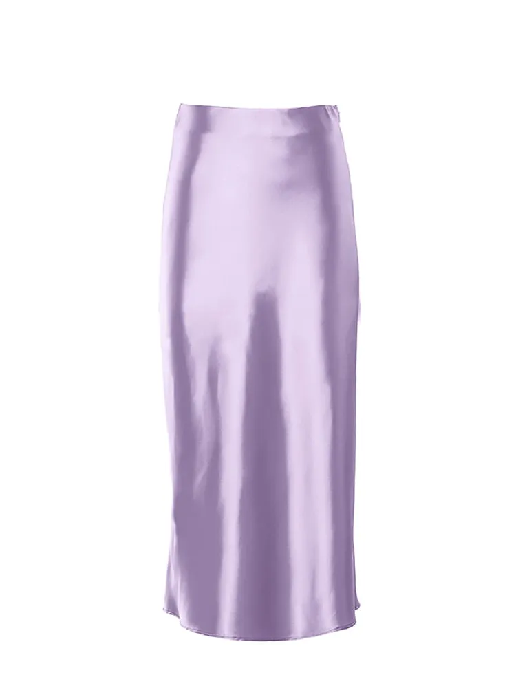 Wenkouban  Solid Purple Satin Silk Skirt Women High Waisted Summer Long Skirt New 2023 Elegant Ladies Office Skirts Midi Spring