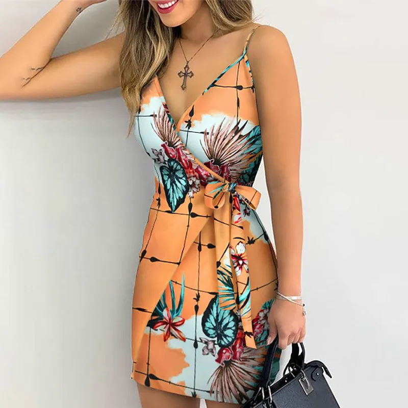 Wjczt 2021 Summer Women Holiday Floral Leaves Print Bodycon V-neck Mini Dress Female Spaghetti Strap Bohemian Beachwear Bow Belt