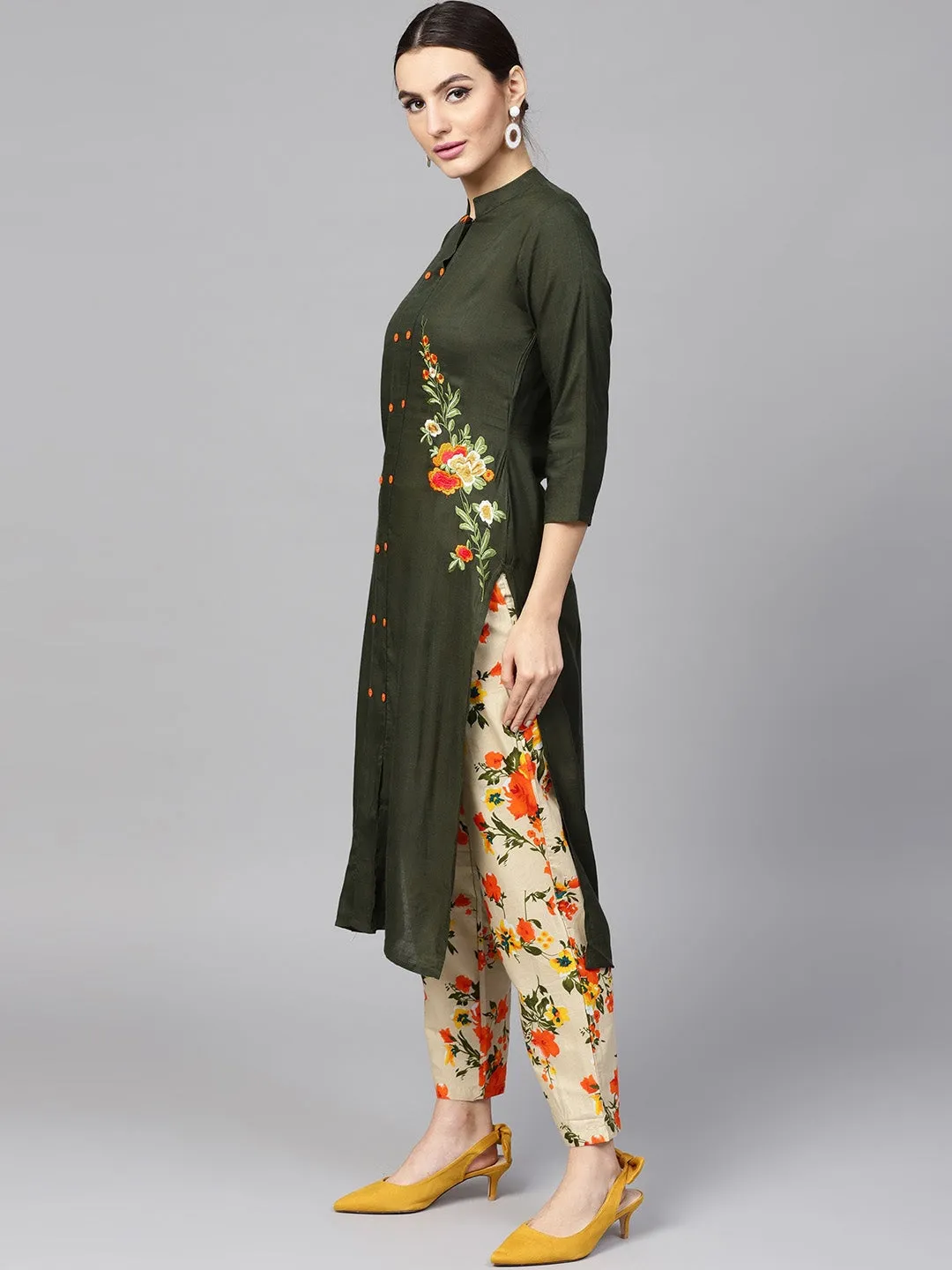 Women Green Dupatta Printed Set