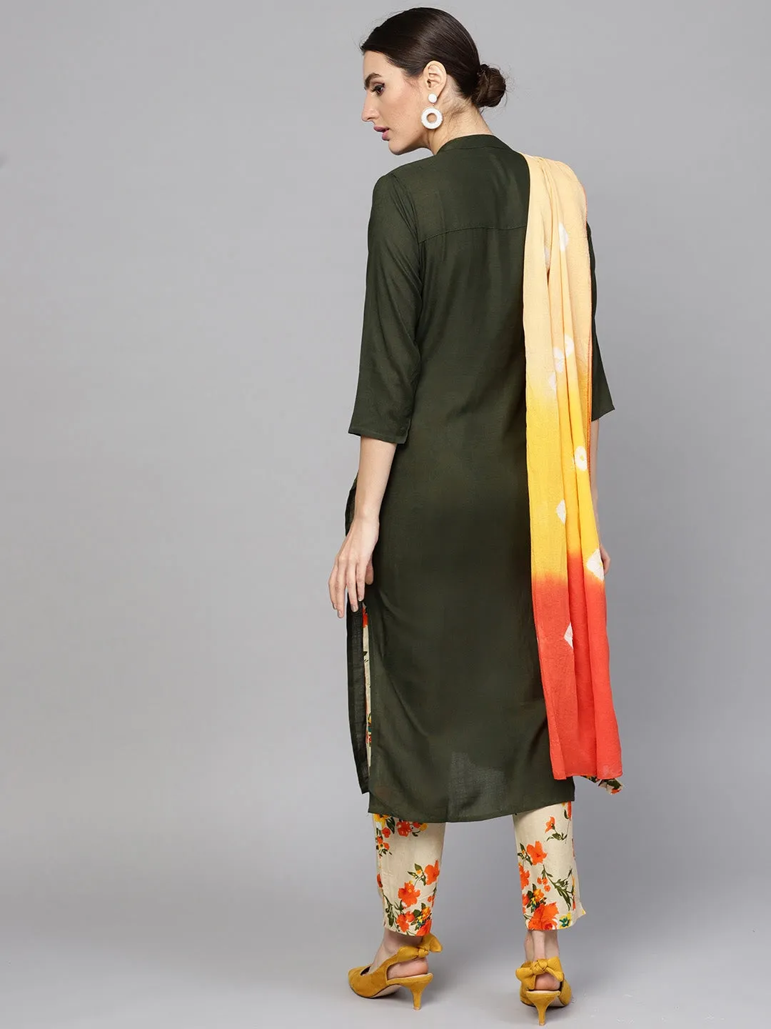 Women Green Dupatta Printed Set