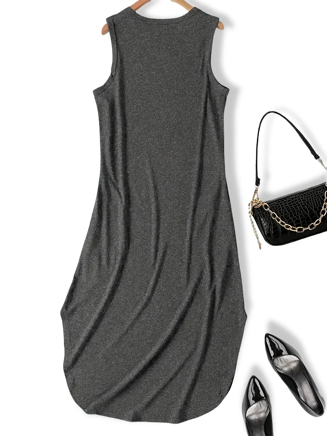 Women'S Casual Christmas Tree Print Applique Sleeveless Maxi Dress, Polyester Knit Fabric, with Slit Hem, for Summer