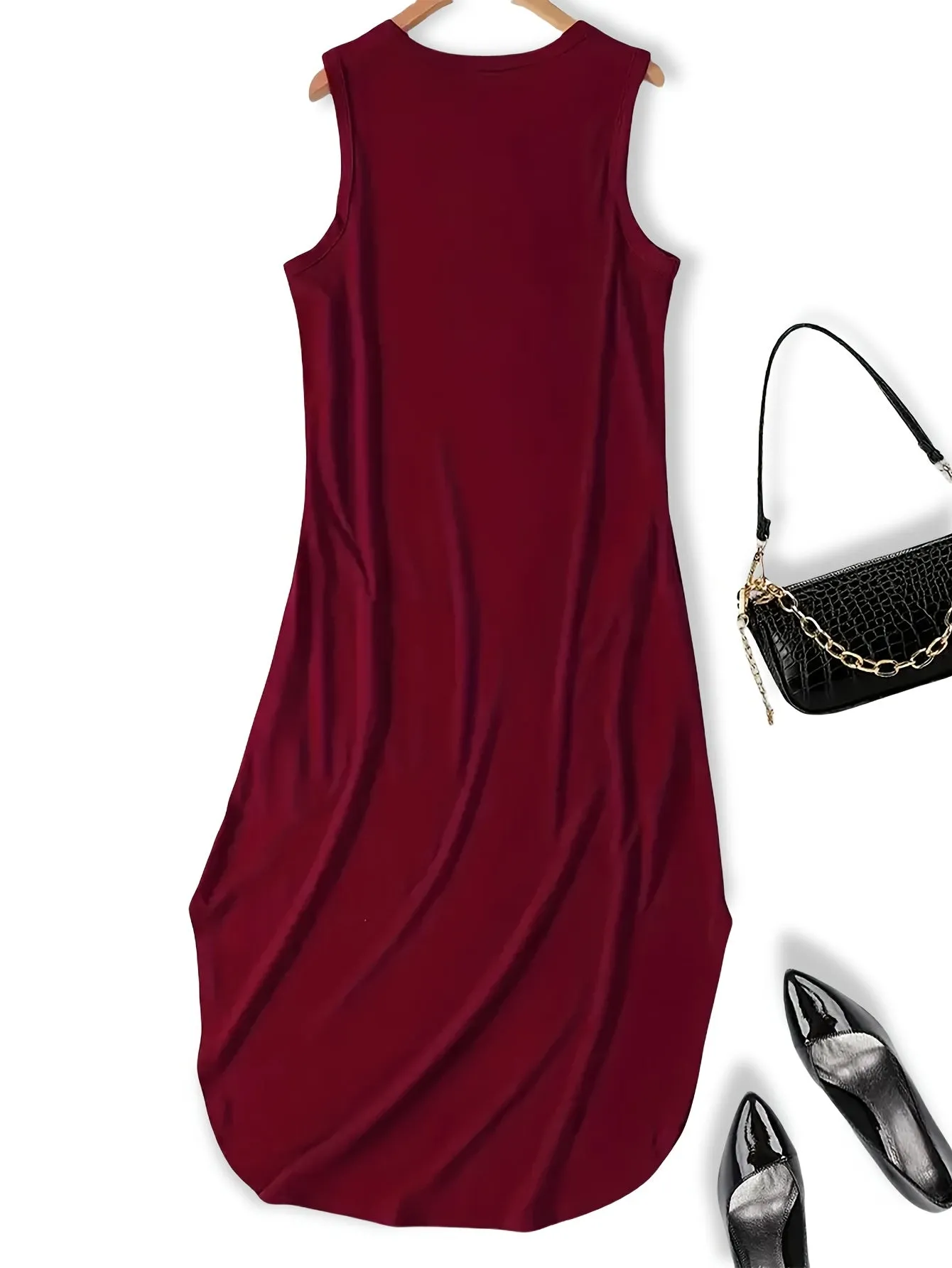 Women'S Casual Christmas Tree Print Applique Sleeveless Maxi Dress, Polyester Knit Fabric, with Slit Hem, for Summer