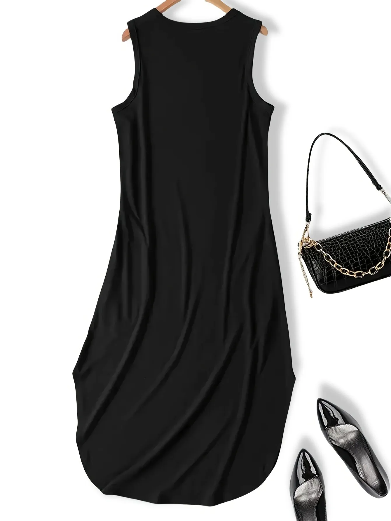 Women'S Casual Christmas Tree Print Applique Sleeveless Maxi Dress, Polyester Knit Fabric, with Slit Hem, for Summer