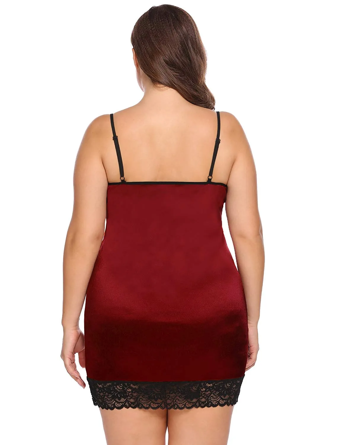 Women‘s Plus Size Sexy Deep V -Neck Lace Full Slip Adjustable Spaghetti Strap Chemise Under Dress