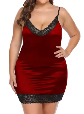 Women‘s Plus Size Sexy Deep V -Neck Lace Full Slip Adjustable Spaghetti Strap Chemise Under Dress